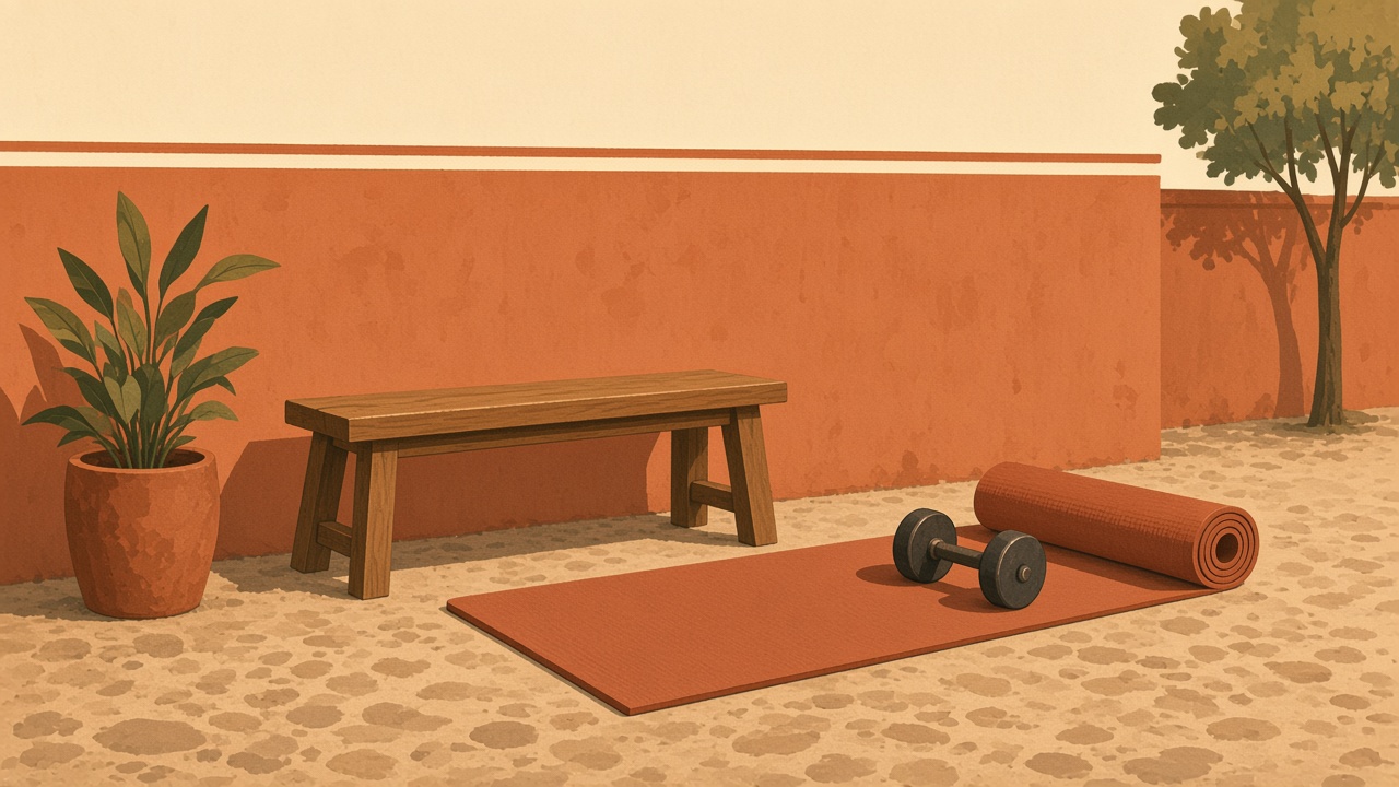 A drawing of a dumbbell, a mat, and a simple bench in a quiet room