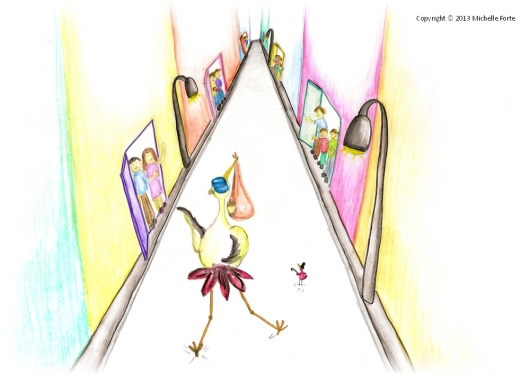The long-legged stork is looking for a family for the baby.