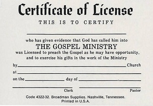 License for Minister Certificate Parchment Billfold Church Partner