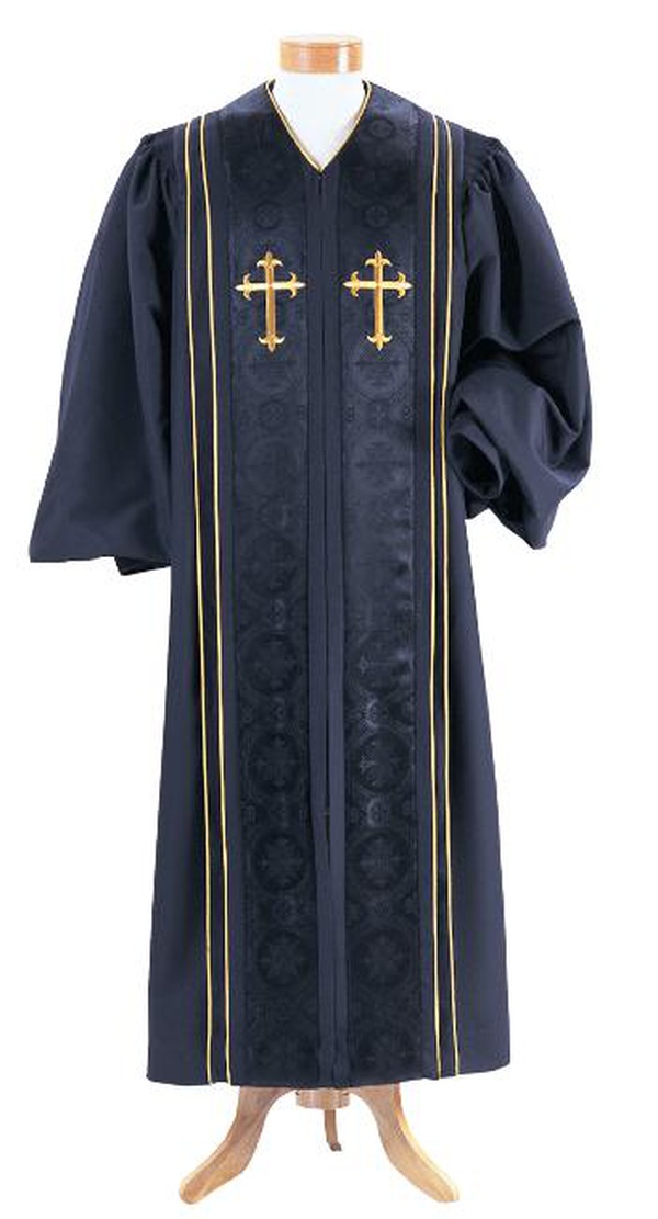 Black Liberty Pulpit Robe with Black Cross Brocade Panels, Gold Crosses ...