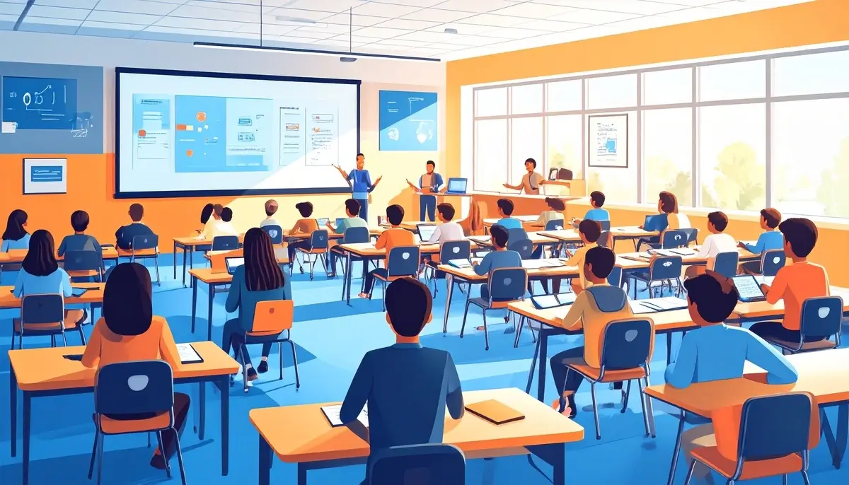 Teacher reviewing an AI-narrated PDF lesson with a digital presenter