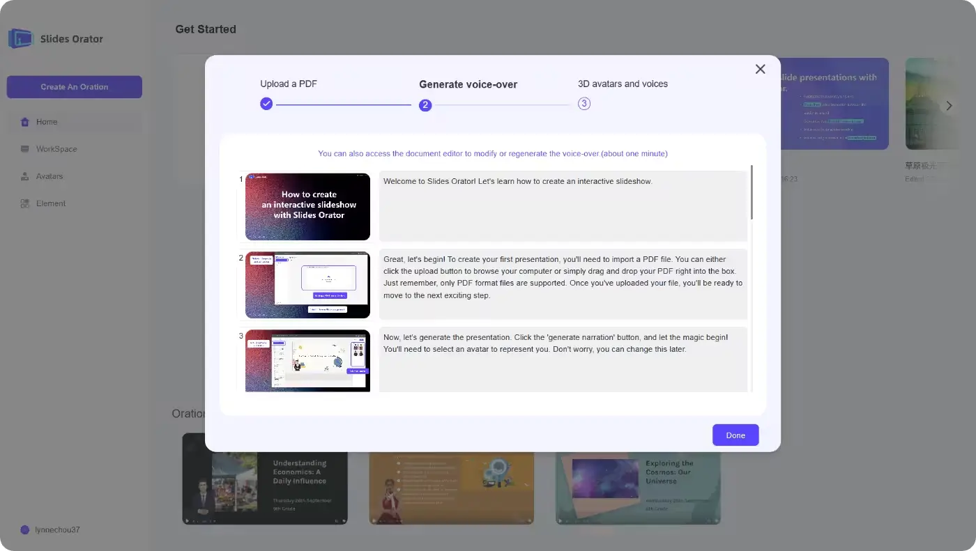AI generating narration and a Q&A knowledge base from the slides