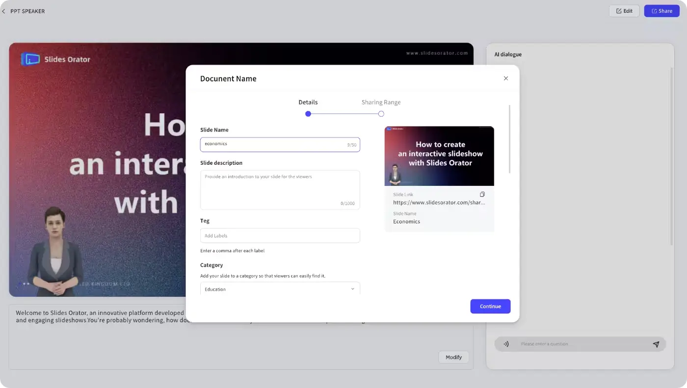 Sharing the interactive presentation via a web link