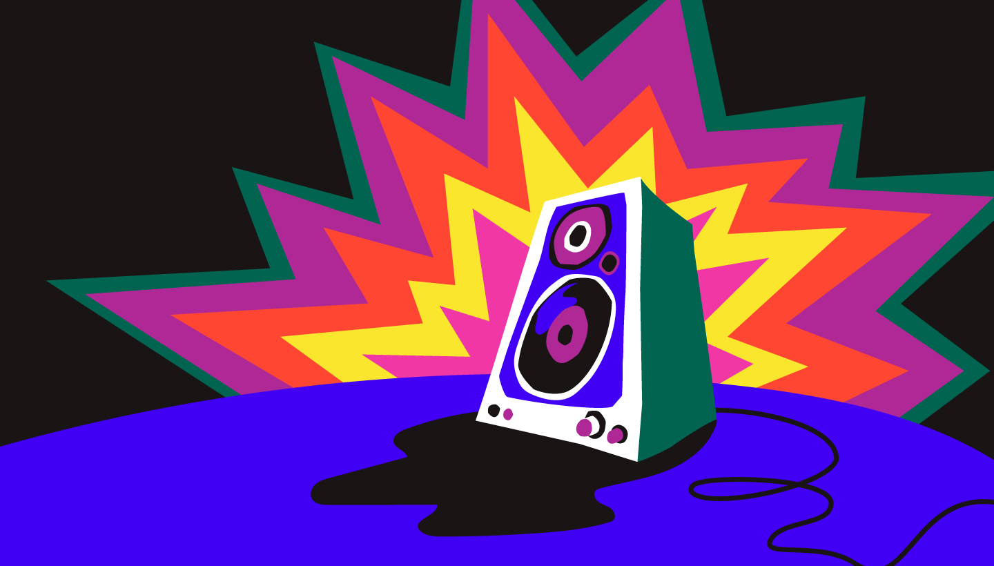 speaker blasts music, shown with colors