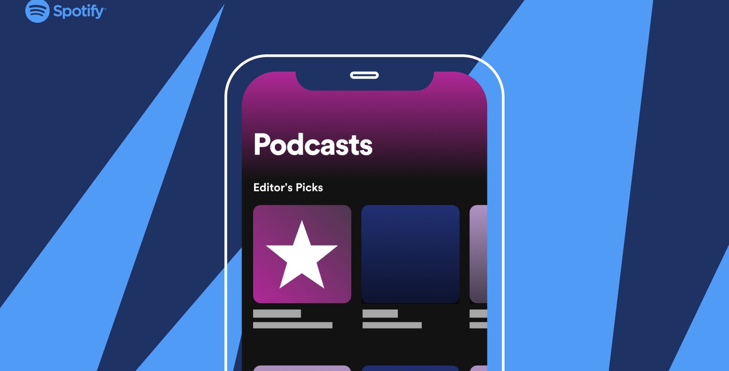 A phone displaying spotify's podcast "editor picks" on front of a blue background