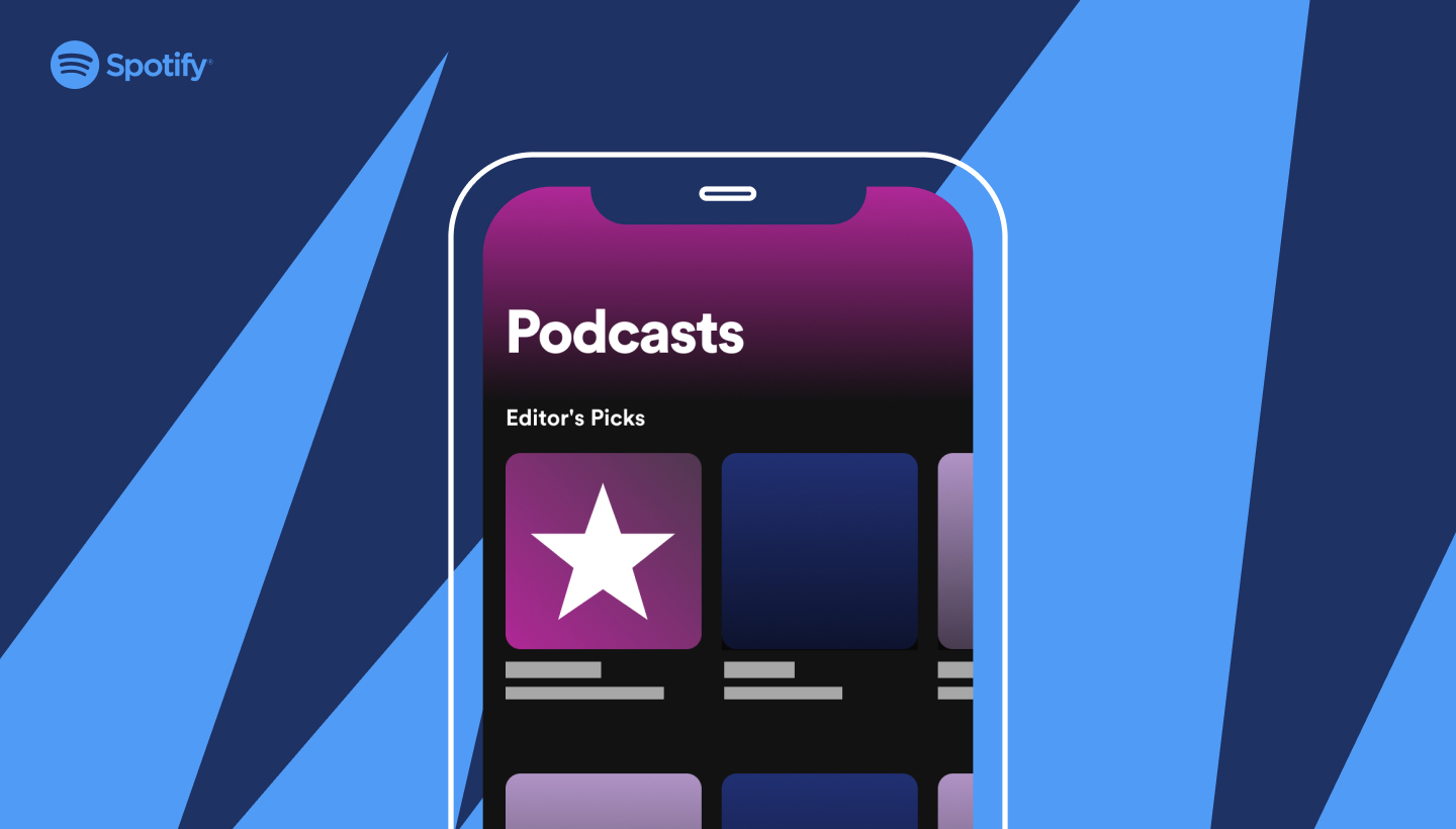 A phone displaying spotify's podcast "editor picks" on front of a blue background