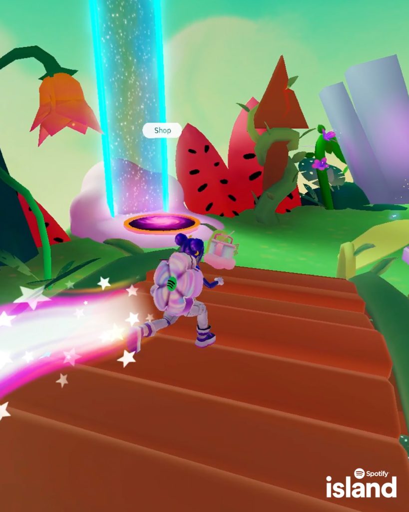 A player is running through a paves area on Spotify Island on Roblox. There are giant plants and fauna all around.