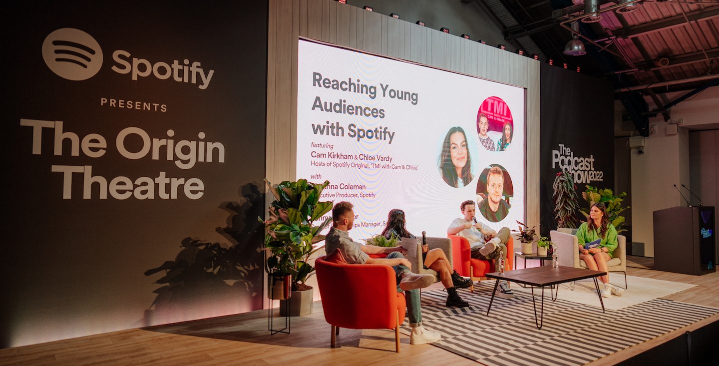 Cam Kirkham, Chloe Vardy, Rhyanna Coleman, and Jonny Mounsor speaking at the podcast show