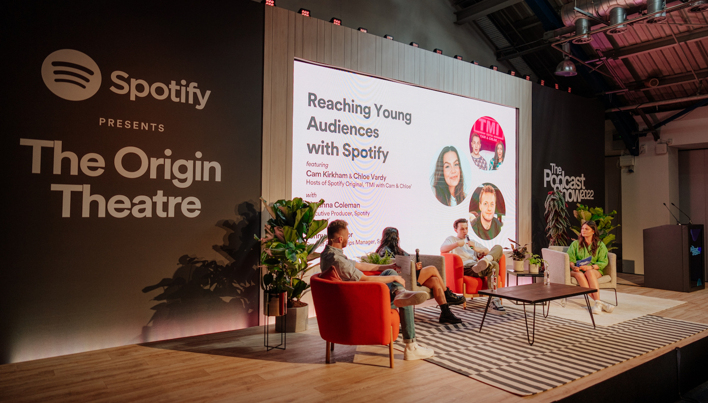 Cam Kirkham, Chloe Vardy, Rhyanna Coleman, and Jonny Mounsor speaking at the podcast show