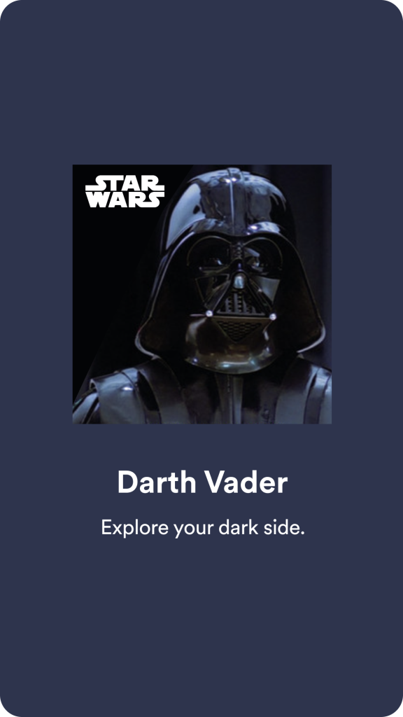 Image shows Darth Vader, a Star Wars character in a black face mask, with the text "Explore your dark side."