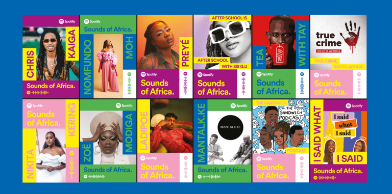 a graphic image showing all the artists and podcast cover arts that are part of the sounds of africa creator campaign