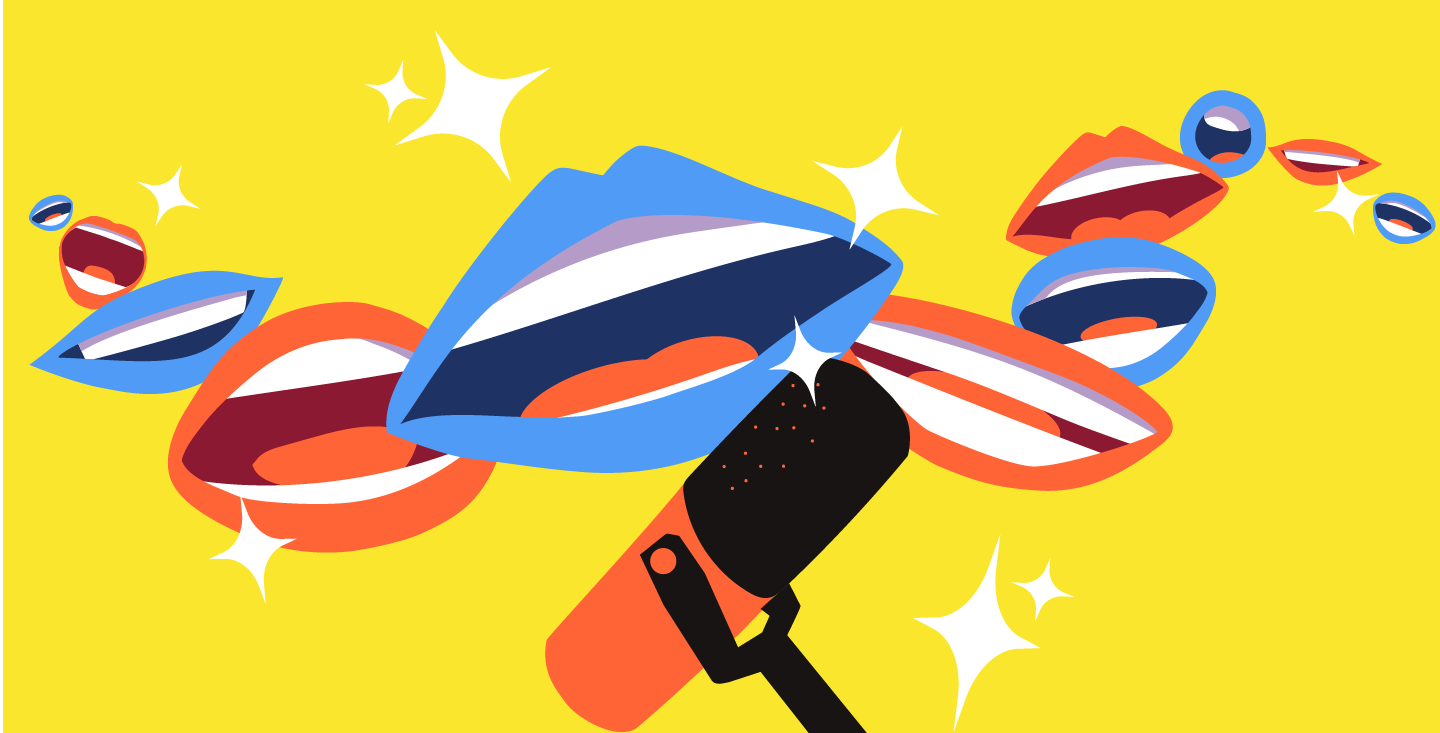 Abstract illustration of blue- and red-lipped mouths lined up behind a microphone on a yellow background