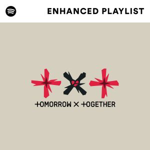 the playlist cover art for tomorrow x together's enhanced album which depicts TXT in red and black on a beige background