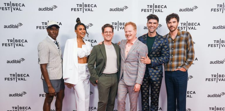 The cast and crew of Gay Pride & Prejudice (L-R Ronald Peet, Vella Lovell, Zackary Grady, Jesse Tyler Ferguson, Justin Mikita, Blake Lee) on the red carpet ahead of their Tribeca Film Festival Panel: “A Romantic Comedy Event: Gay Pride and Prejudice.”