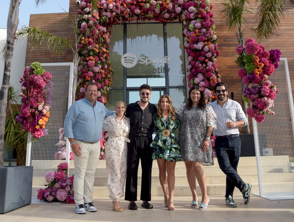 L-R) Spotify Global Head of Advertising Lee Brown, Spotify CCO Dawn Ostroff, Marcus Mumford, Spotify Global Head of Public Affairs Dustee Jenkins, Spotify Global Head of Marketing Taj Alavi and Spotify Global Head of Music Jeremy Erlich attend Spotify's intimate evening of music and culture, during Cannes Lions 2022, at Villa Mirazur