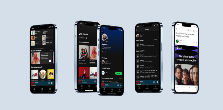 Screens showing the Live Events Feed in the Spotify app