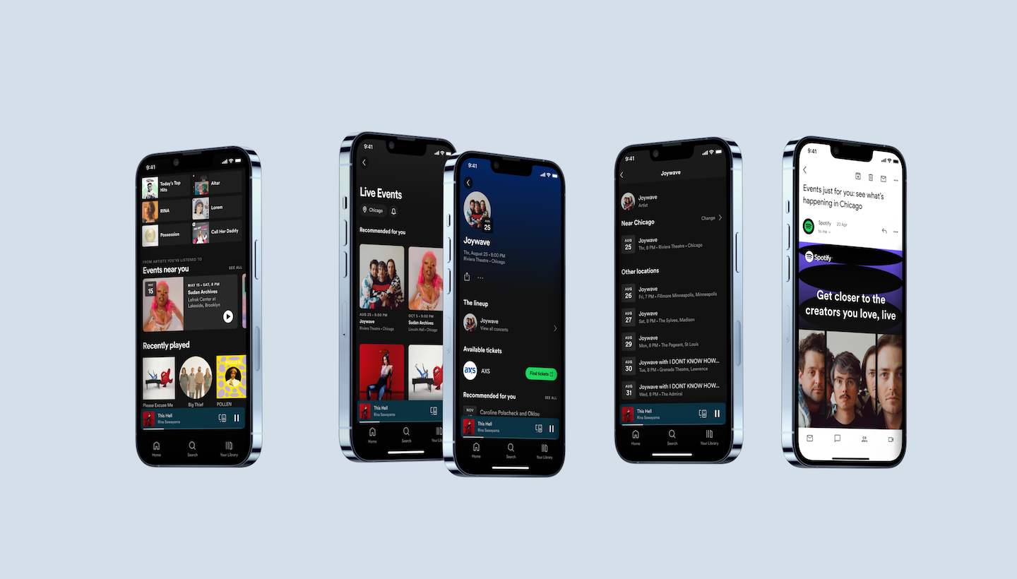 Screens showing the Live Events Feed in the Spotify app