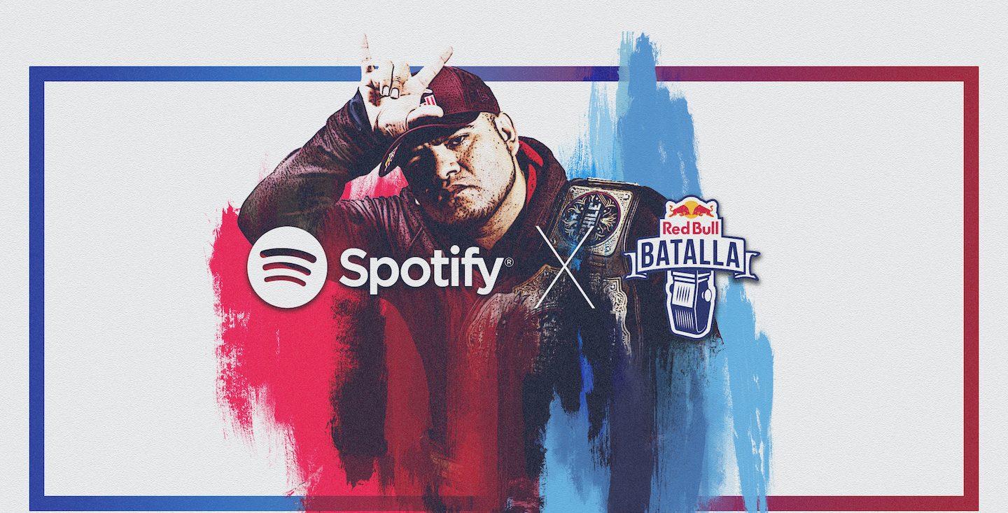 Red Bull Batalla and Spotify logos on blue and red background