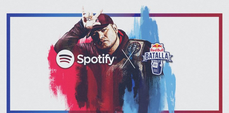 Red Bull Batalla and Spotify logos on blue and red background