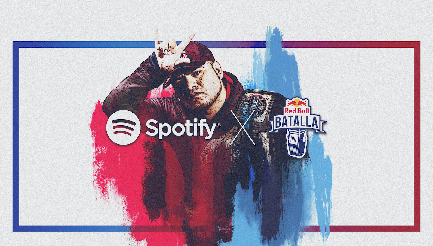 Red Bull Batalla and Spotify logos on blue and red background