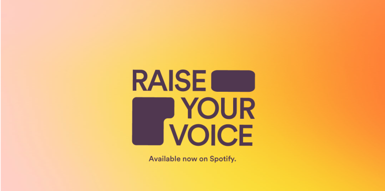 Raise Your Voice pride logo on yellow background