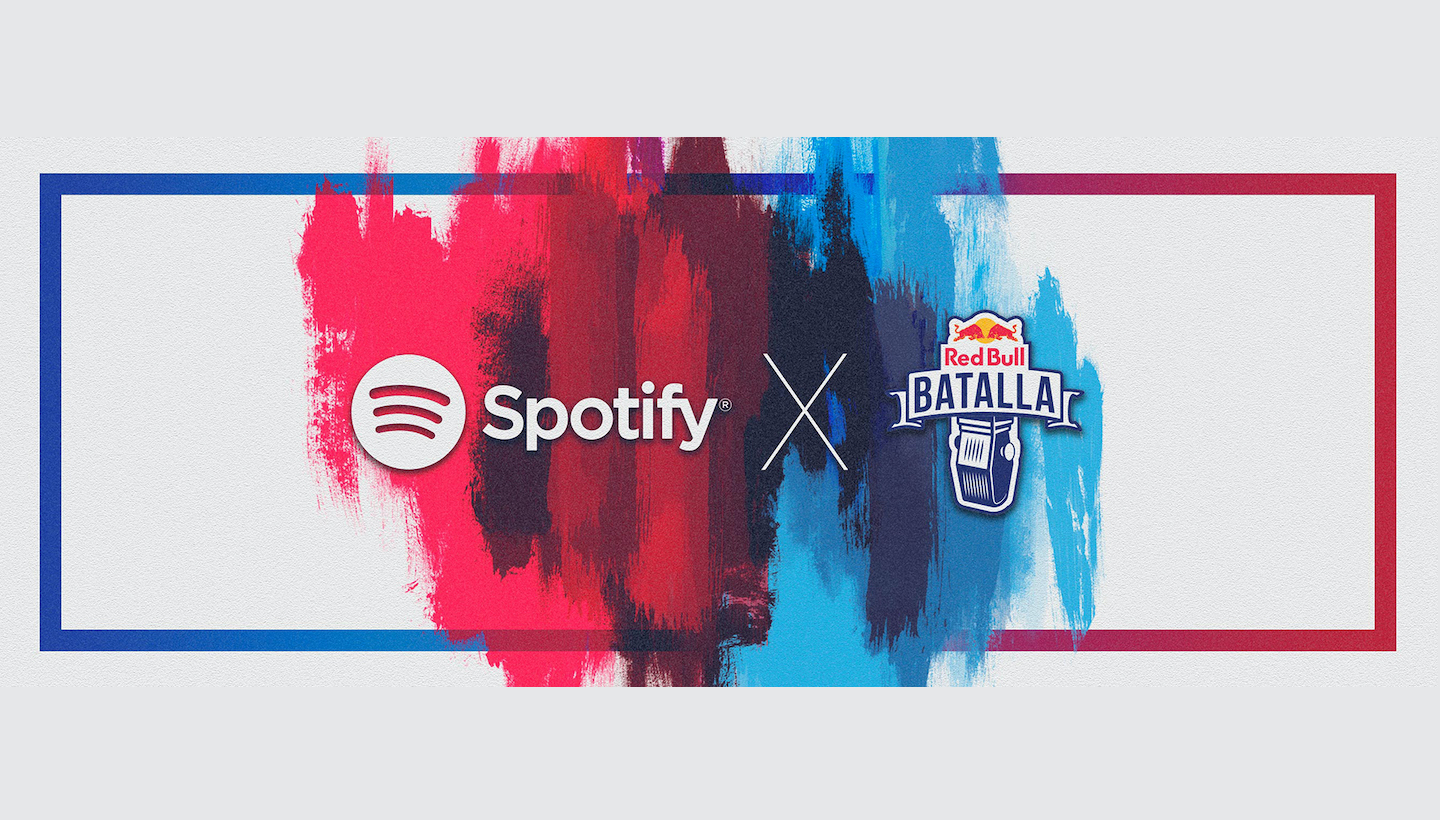 Red Bull Batalla Logo with Spotify on Red and blue background