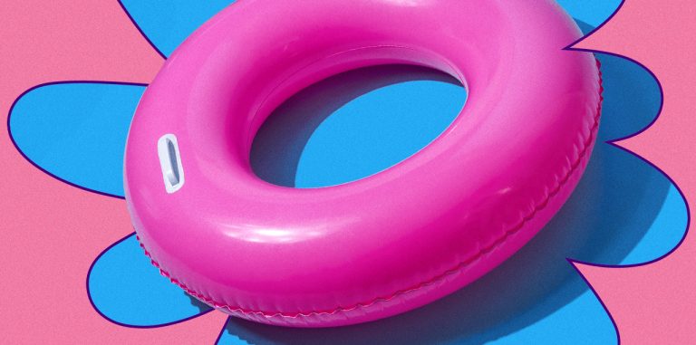 a hot pink inner tube sitting on top of a cartoon splash of water