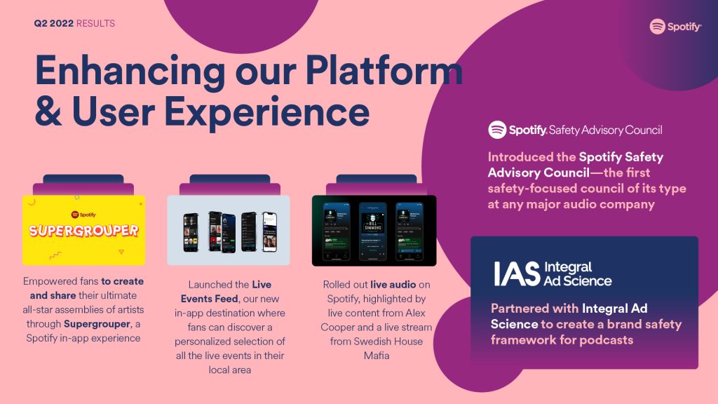 Enhancing our platform and user experience with Spotify Safety Advisory Council, Integral Ad Science, Supergrouper, Live Events feed, live audio