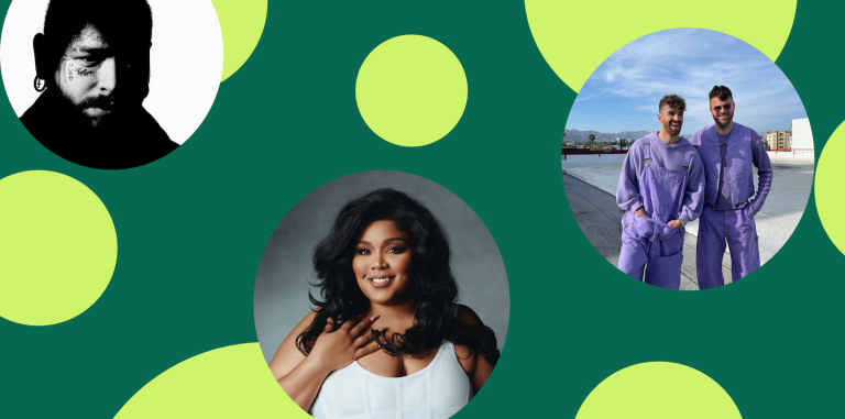 Lizzo, Post Malone, and the Chainsmokers on a green background