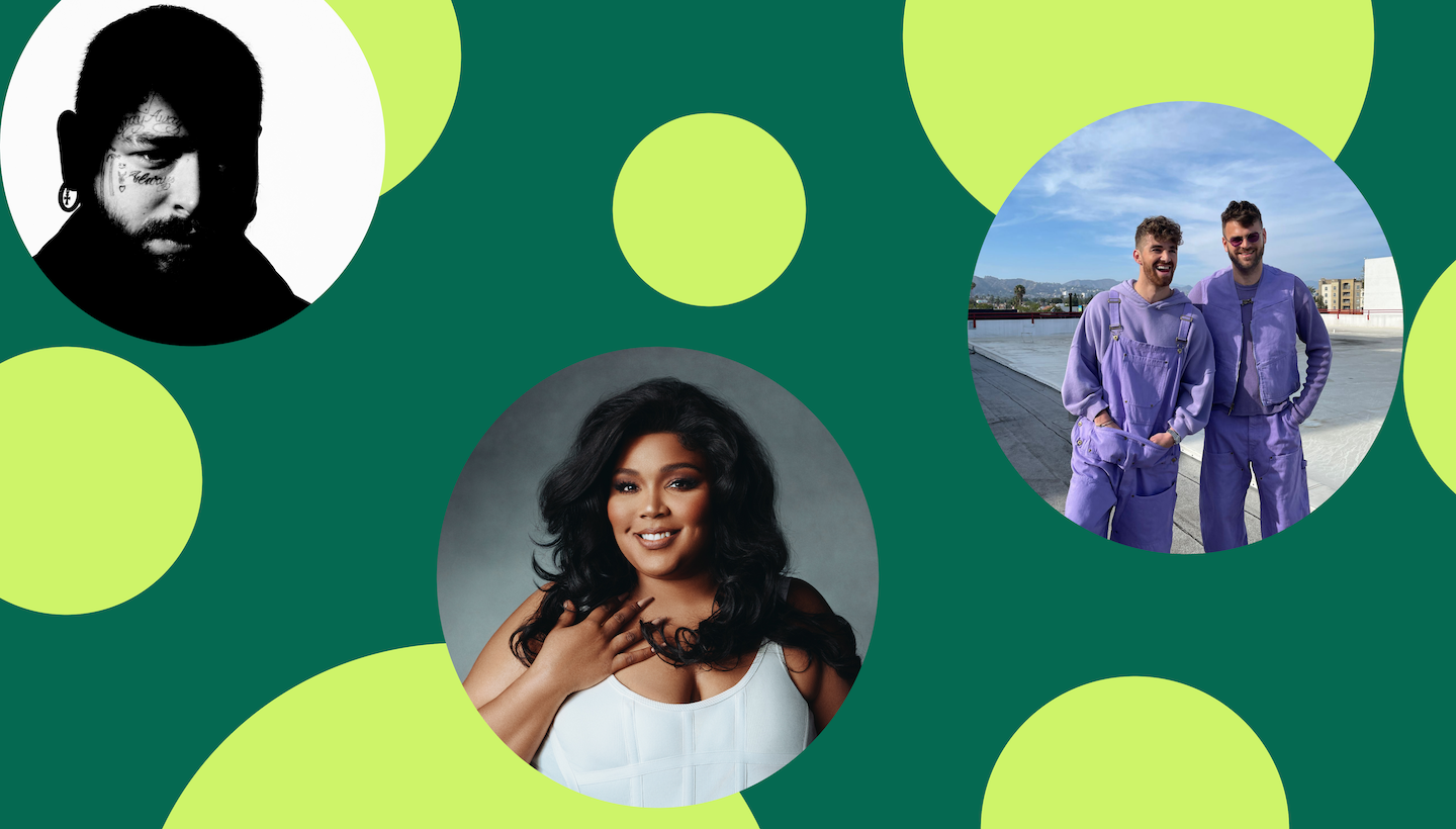 Lizzo, Post Malone, and the Chainsmokers on a green background