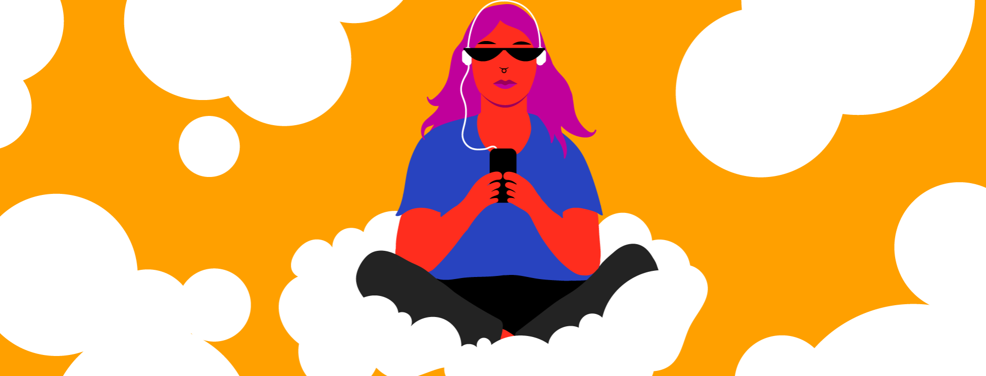 graphic image of a woman listening to Spotify while sitting on a cloud