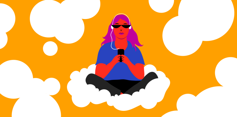 graphic image of a woman listening to Spotify while sitting on a cloud