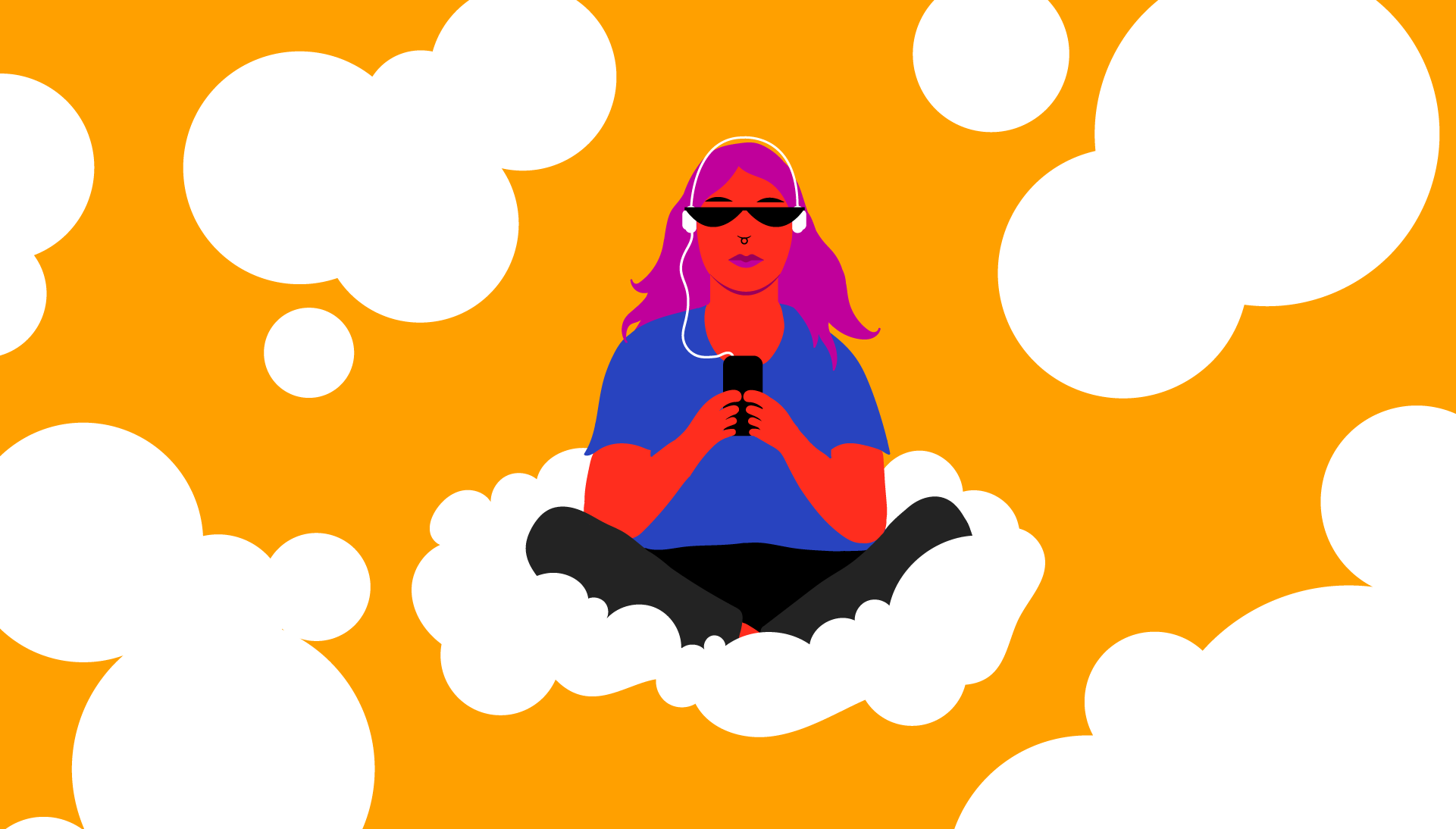 graphic image of a woman listening to Spotify while sitting on a cloud