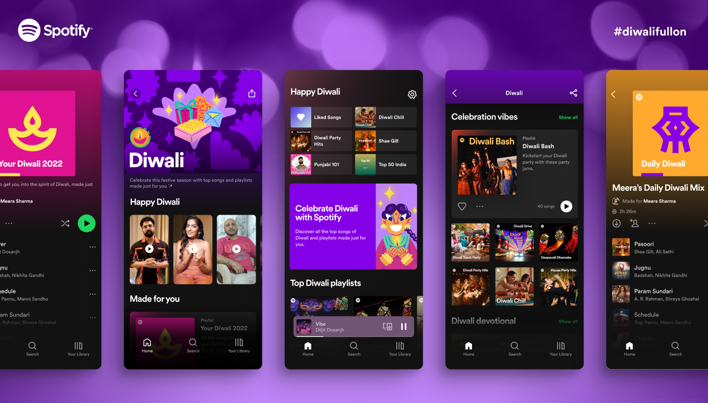 Diwali hub header showing 5 screens of the in-app experience