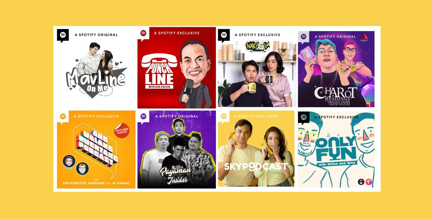 a graphic image showing the cover art for 8 filipino podcasts