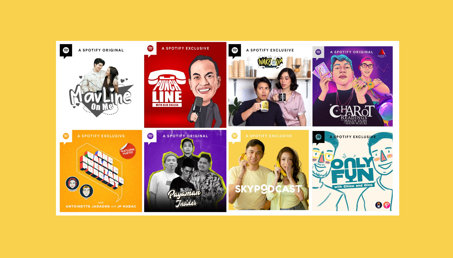 a graphic image showing the cover art for 8 filipino podcasts
