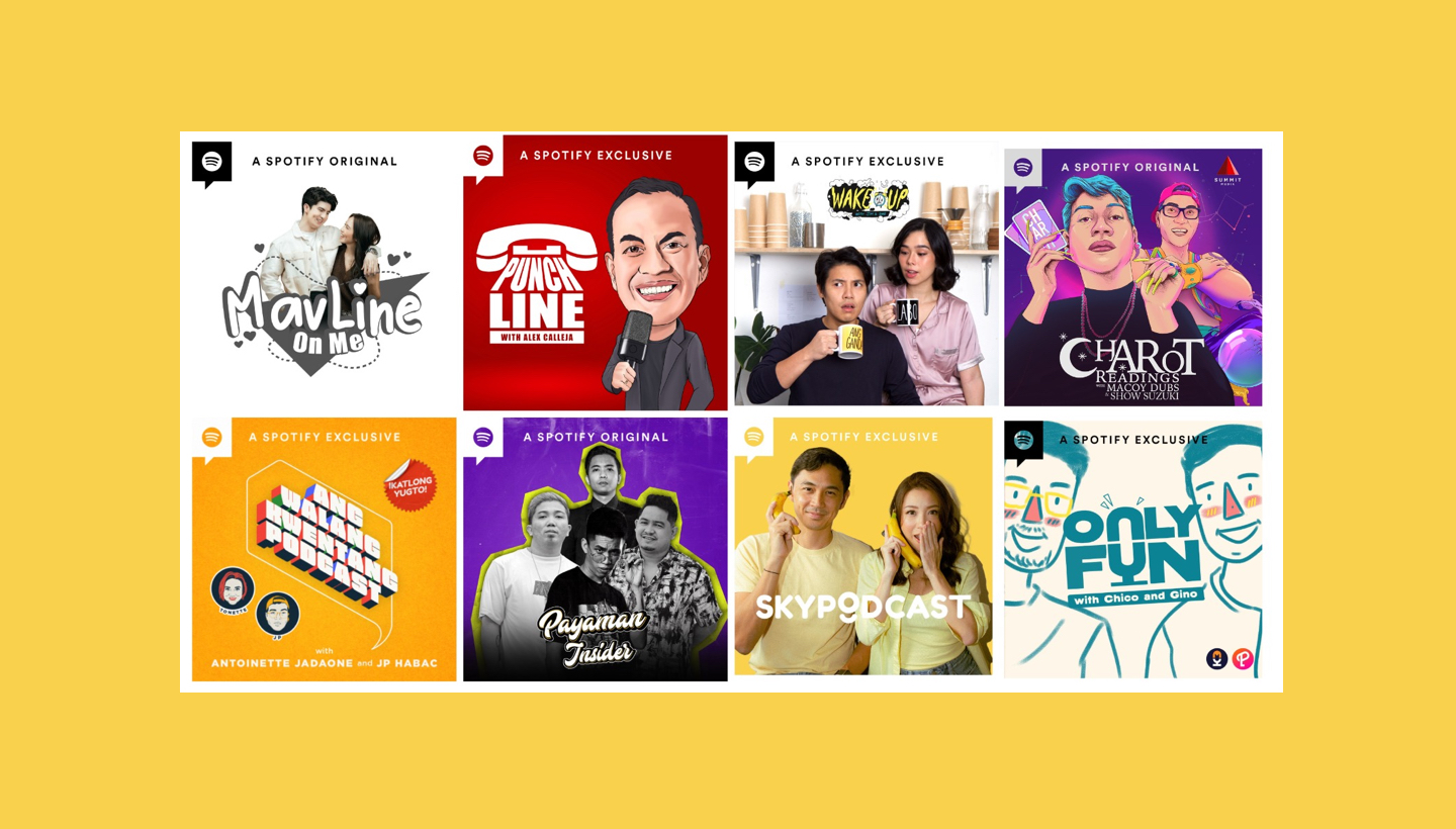 a graphic image showing the cover art for 8 filipino podcasts