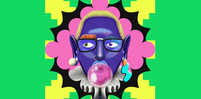 a colorful, geometric graphic that shows a person with glasses blowing a bubble gum bubble