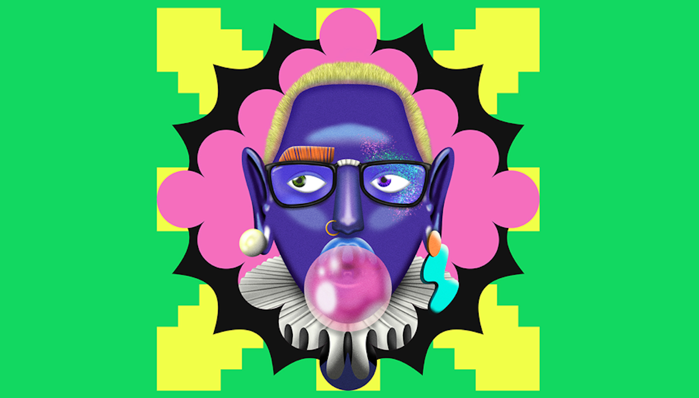 a colorful, geometric graphic that shows a person with glasses blowing a bubble gum bubble