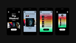 Four different phone screens showing the process for creating your top 5 for the weeknd projects. Get started, choose your top projects, finalize your order, and share