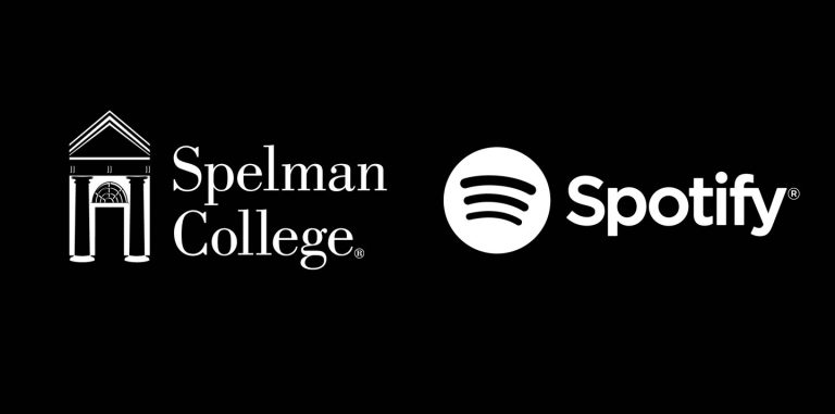 左边是斯佩尔曼学院的标志，右边是Spotify的标志。两者都是在黑色背景下的白色