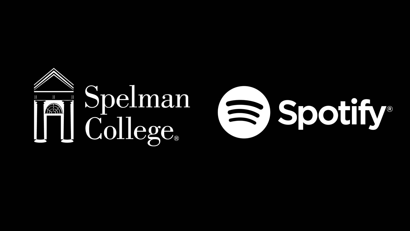 The Spelman College logo on the left and the Spotify logo in the right. both are in white against a black background