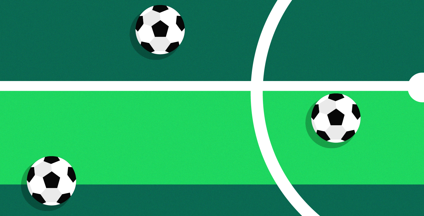 a graphic image of black and white soccer balls on a green turf background