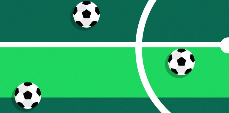 a graphic image of black and white soccer balls on a green turf background