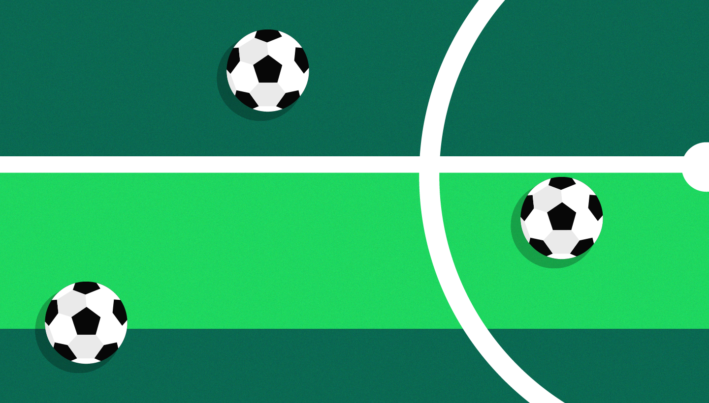 a graphic image of black and white soccer balls on a green turf background