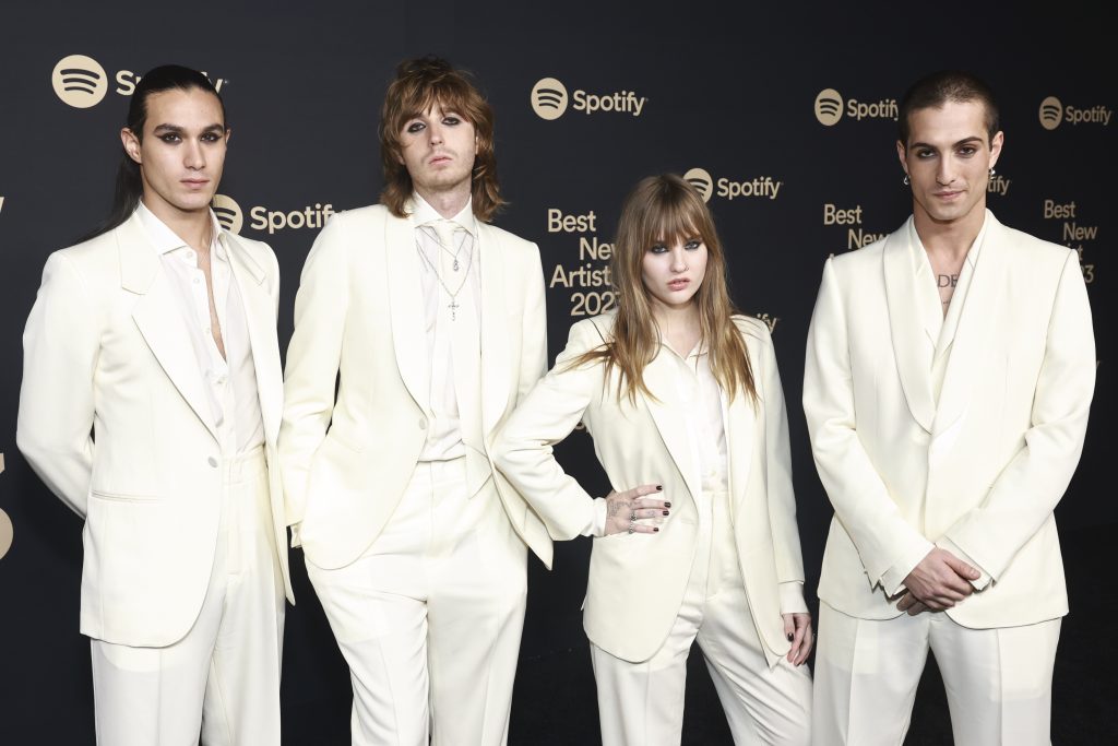 WEST HOLLYWOOD, CALIFORNIA - FEBRUARY 02: (L-R) Ethan Torchio, Thomas Raggi, Victoria De Angelis, Damiano David of Måneskin attend Spotify's 2023 Best New Artist Party at Pacific Design Center on February 02, 2023 in West Hollywood, California. (Photo by Matt Winkelmeyer/Getty Images for Spotify )