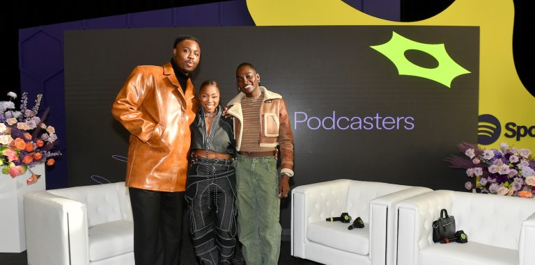 ATLANTA, GEORGIA - MARCH 20: (L-R) Denzel Dion, co-host of 'We Said What We Said', Spotify, host Wunmi Bello, and Rickey Thompson, co-host of 'We Said What We Said', Spotify, speak onstage during Spotify NextGen Creator Day at Spelman College on March 20, 2023 in Atlanta, Georgia. (Photo by Paras Griffin/Getty Images for Spotify)
