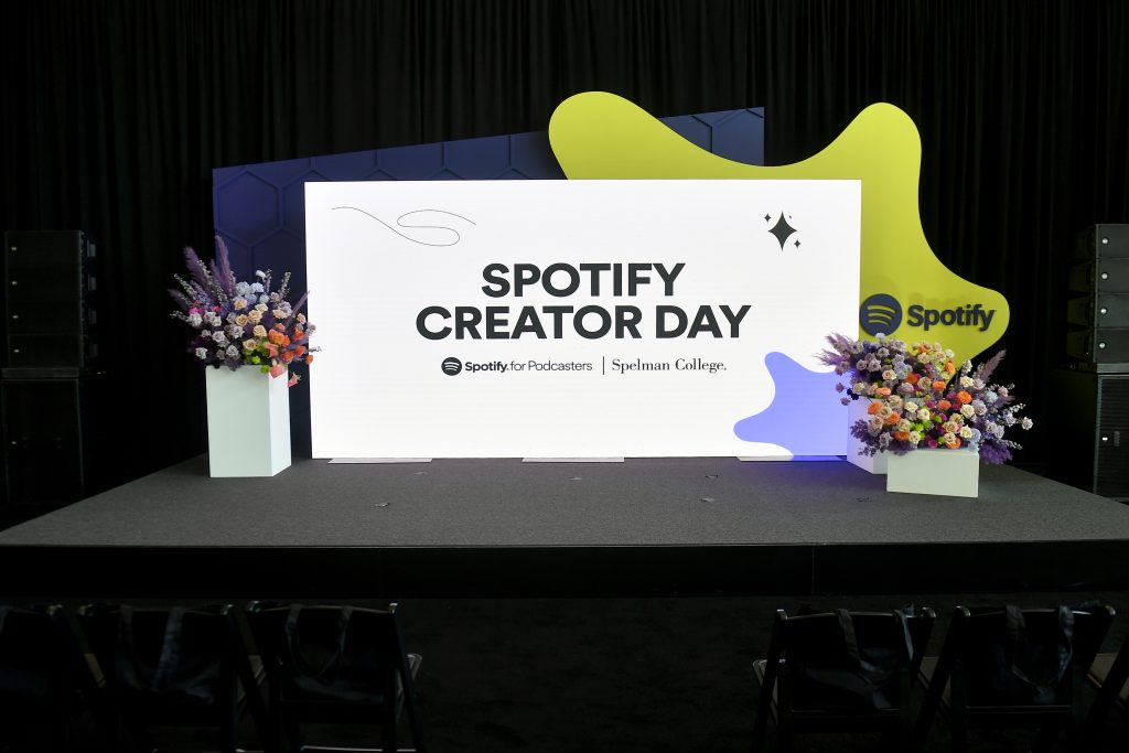 ATLANTA, GEORGIA - MARCH 20: A view of Spotify signage on stage before guests arrive during Spotify NextGen Creator Day at Spelman College on March 20, 2023 in Atlanta, Georgia. (Photo by Paras Griffin/Getty Images for Spotify)