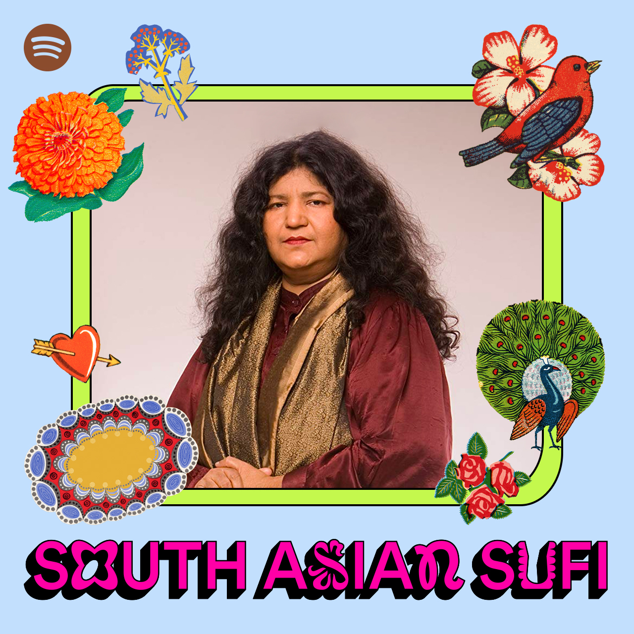 a photo of an artist staring at the camera with graphic illustrations around the photo that represent south asian heritage