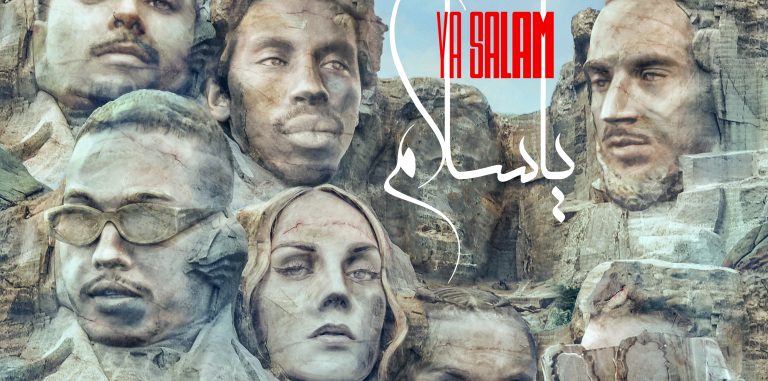 cover art for the song ya salam that depicts all 7 artists' faces etched into a giant stone wall